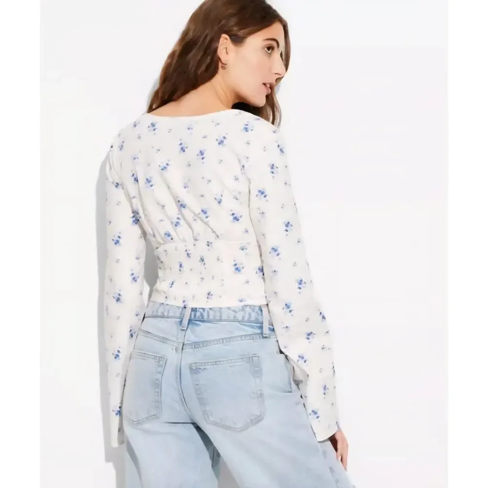 NWT XXL floral milkmaid crop peasant midi top long sleeve cottagecore coquette - Picture 4 of 10